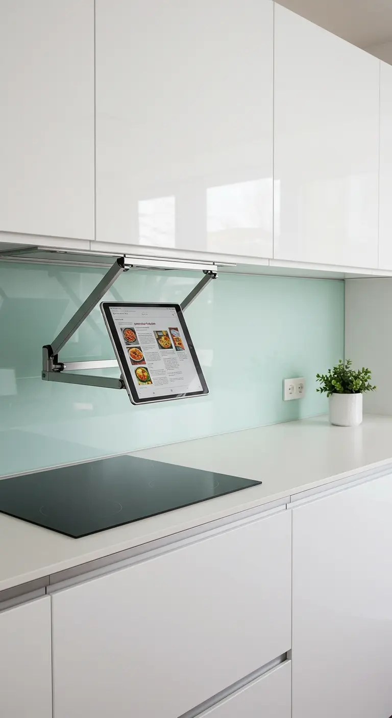 Soporte metálico articulado para tablet, plegado bajo un mueble de cocina blanco