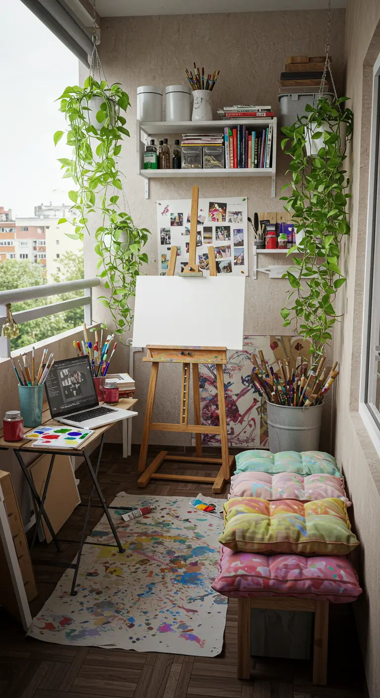 Balcón convertido en estudio de artista con caballete, pinturas y plantas colgantes.