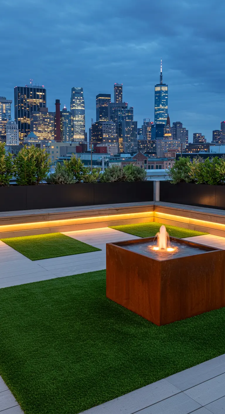 Azotea urbana con césped artificial, fuente de acero corten y luces LED bajo los bancos.