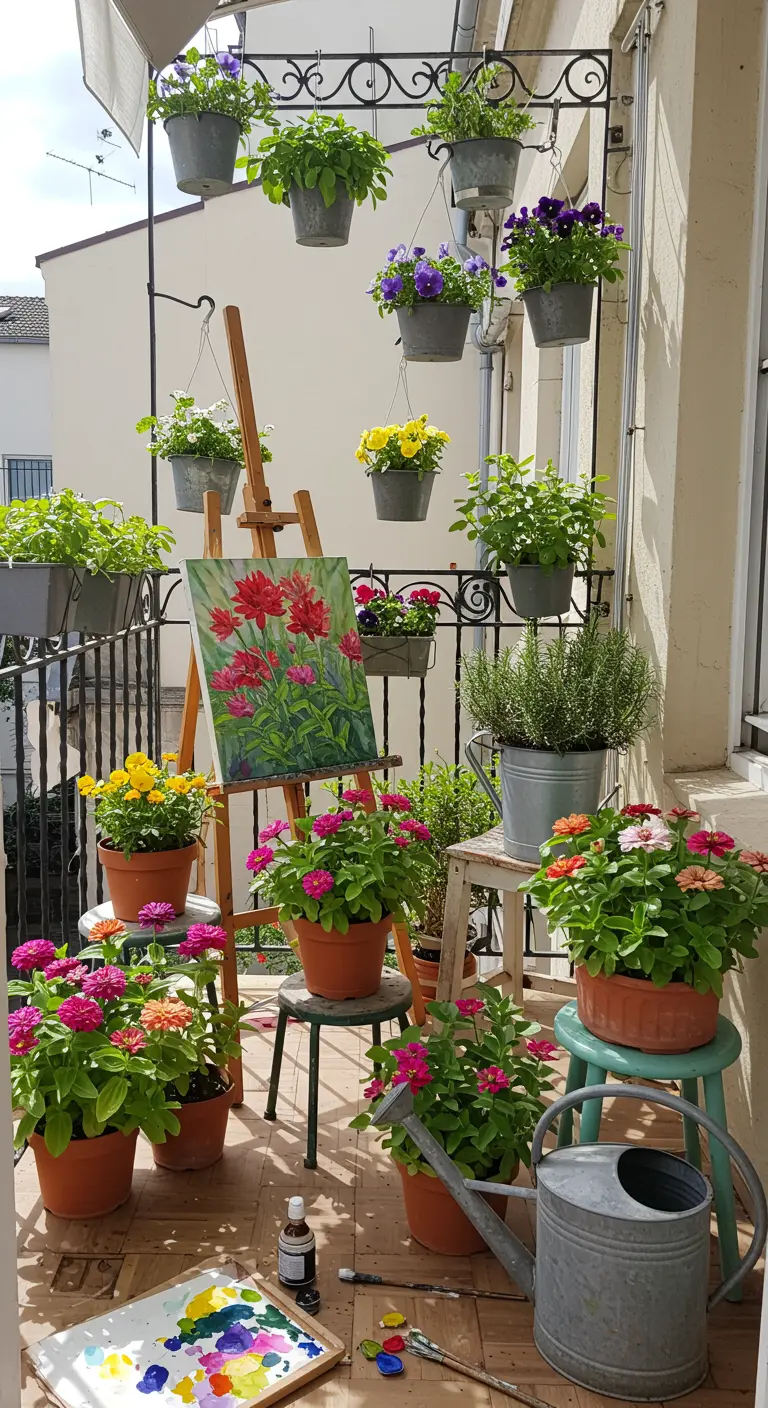 Balcón artístico repleto de macetas con flores de colores y un caballete con un lienzo.