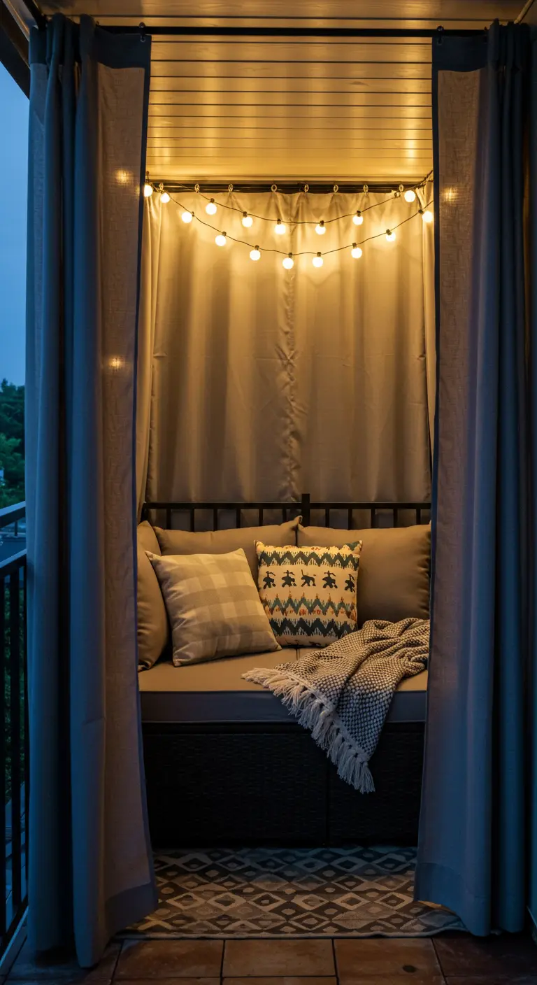 Balcón acogedor decorado como un rincón de lectura con un banco, cojines y guirnaldas de luces
