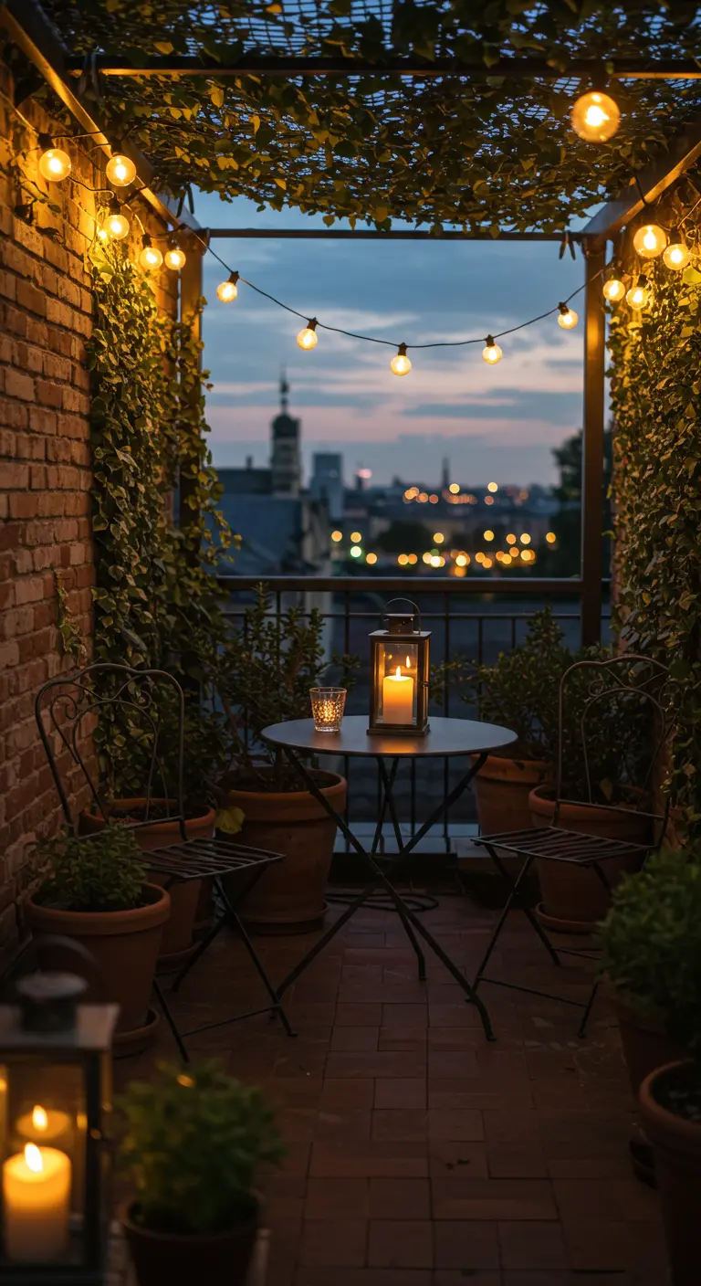 Balcón romántico con vistas a la ciudad, iluminado por guirnaldas de luces y un farol.