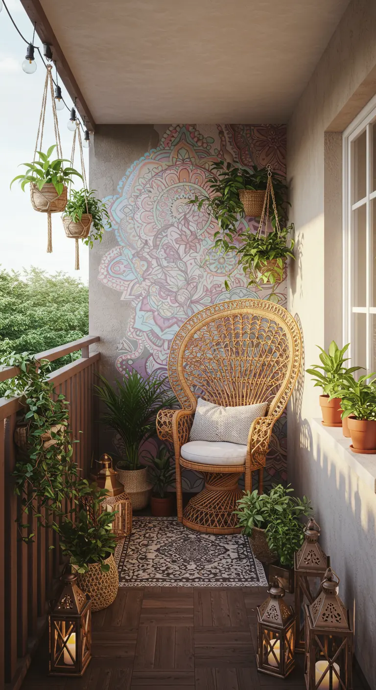 Balcón bohemio con un mandala pintado en la pared, una silla de mimbre, plantas colgantes y farolillos.