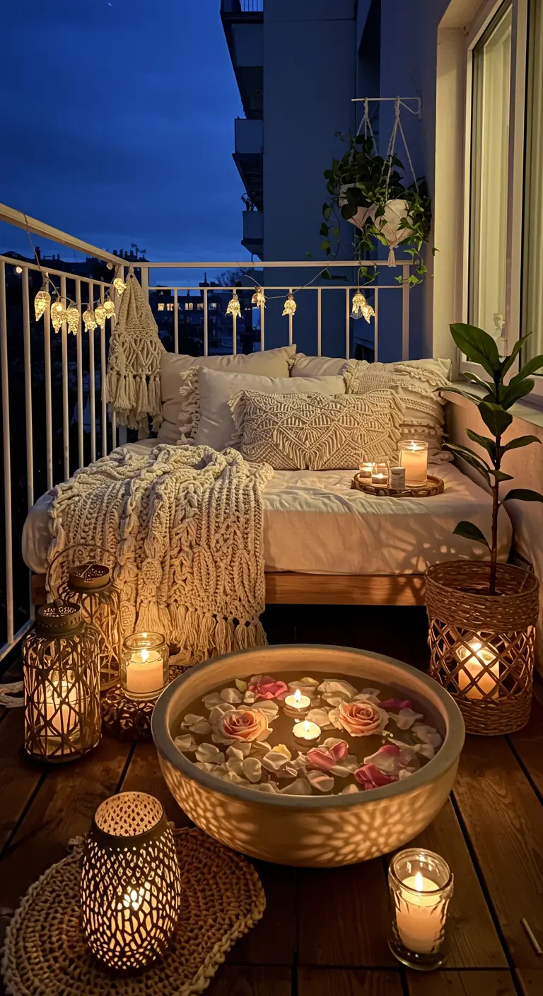 Balcón acogedor con cama, textiles boho, y un cuenco con agua, rosas y velas flotantes.