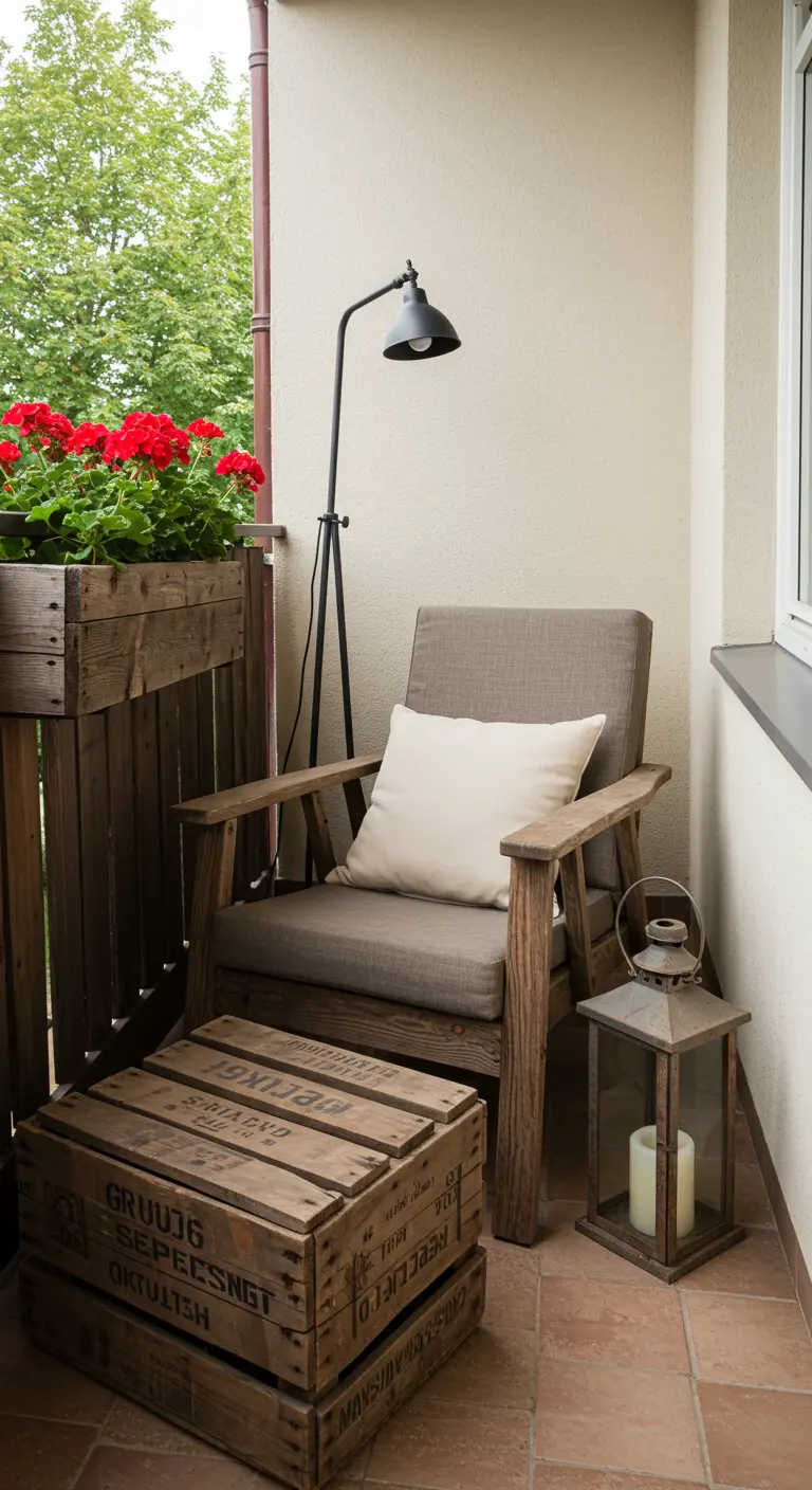 Rincón de lectura en un balcón pequeño con sillón de madera, cajas como reposapiés y un farol