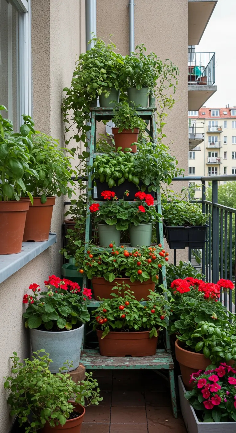 Escalera de tijera en un balcón, llena de macetas con flores rojas y plantas de hojas verdes.