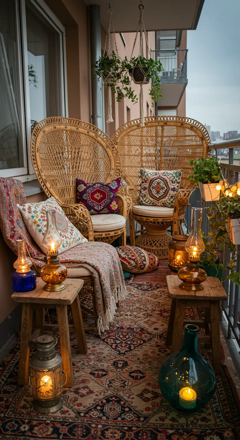 Balcón bohemio con sillas pavo real, alfombras, cojines de colores y varias lámparas de aceite