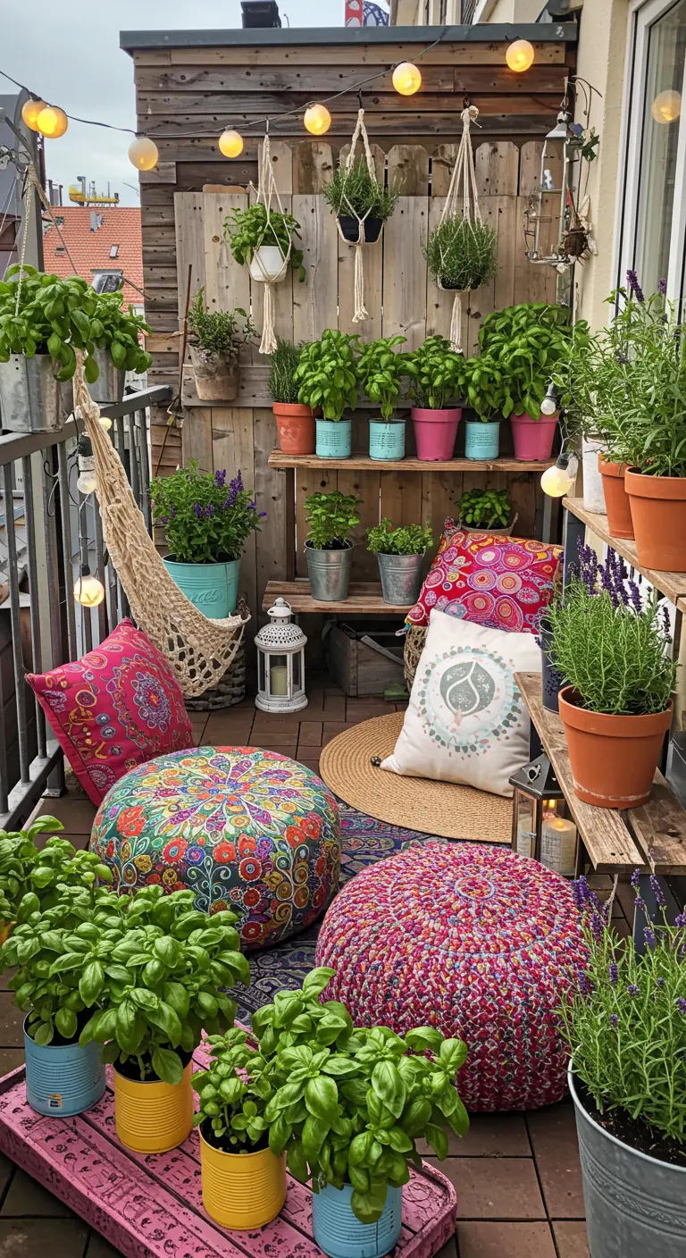 Balcón bohemio y colorido con pufs, cojines, hamaca y abundancia de hierbas aromáticas en macetas