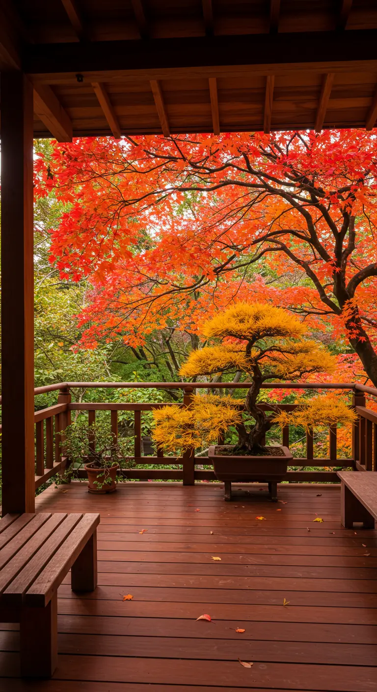 Balcón de madera en otoño con un bonsái de hojas amarillas y vistas a un bosque.