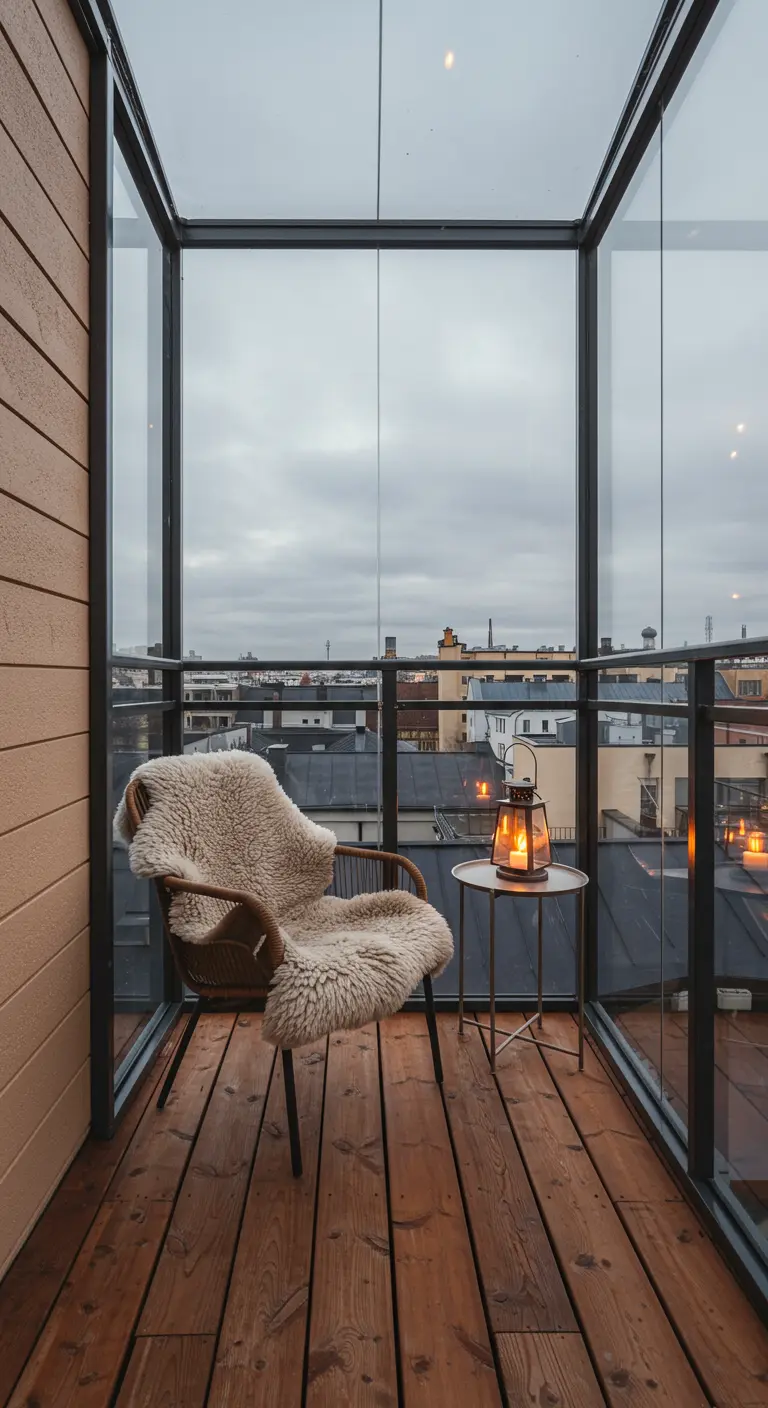 Balcón acristalado con una silla de mimbre cubierta por una piel de oveja y un farolillo