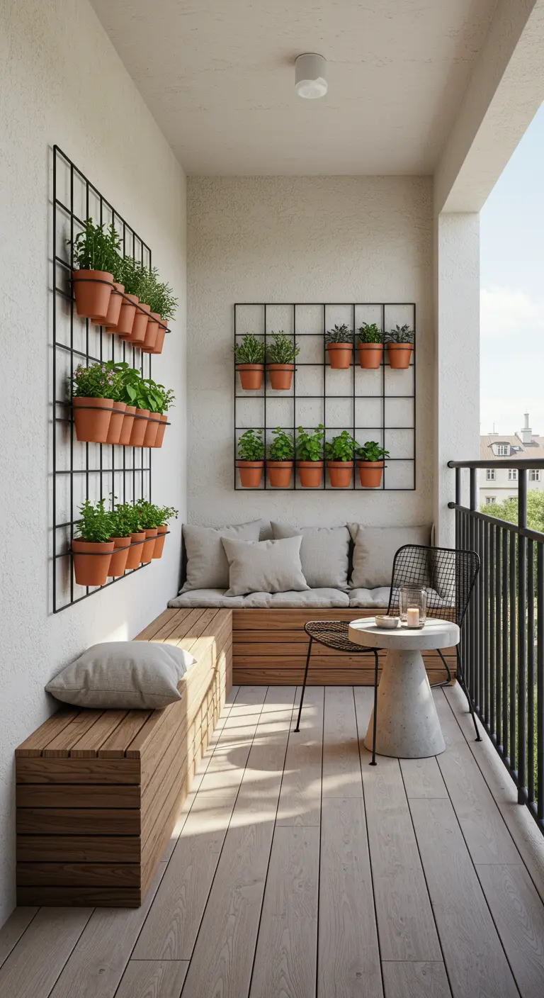 Balcón minimalista con jardineras verticales en rejilla negra y bancos de madera.
