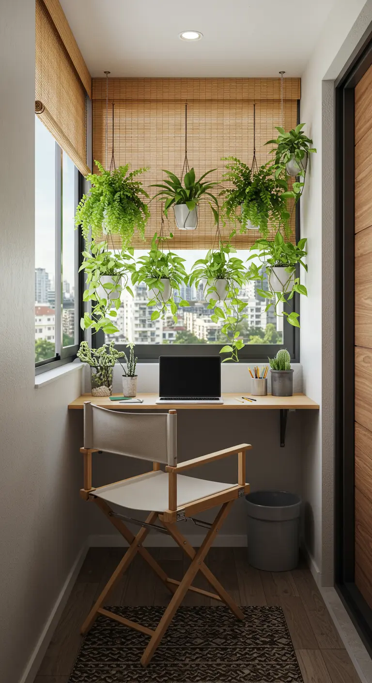 Pequeña oficina en un balcón con un escritorio flotante y muchas plantas colgando frente a la ventana.