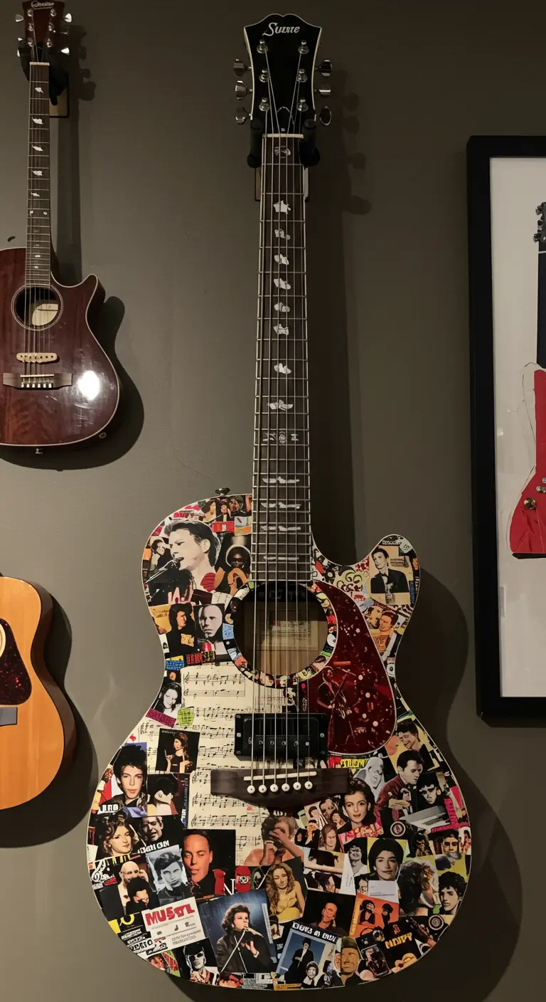 Una guitarra eléctrica decorada con un collage de fotos de músicos y artistas famosos.