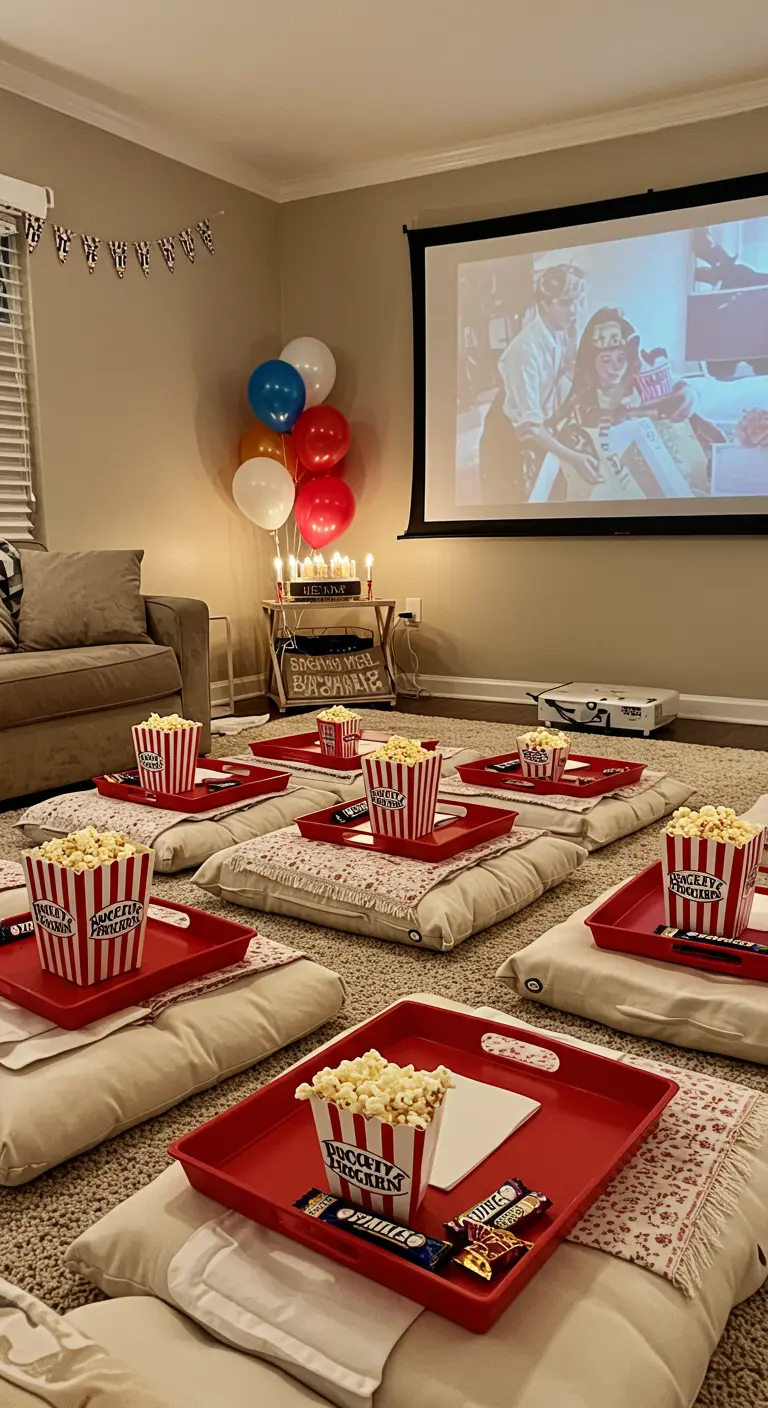 Bandejas rojas individuales con palomitas y dulces para una fiesta de cine en casa.