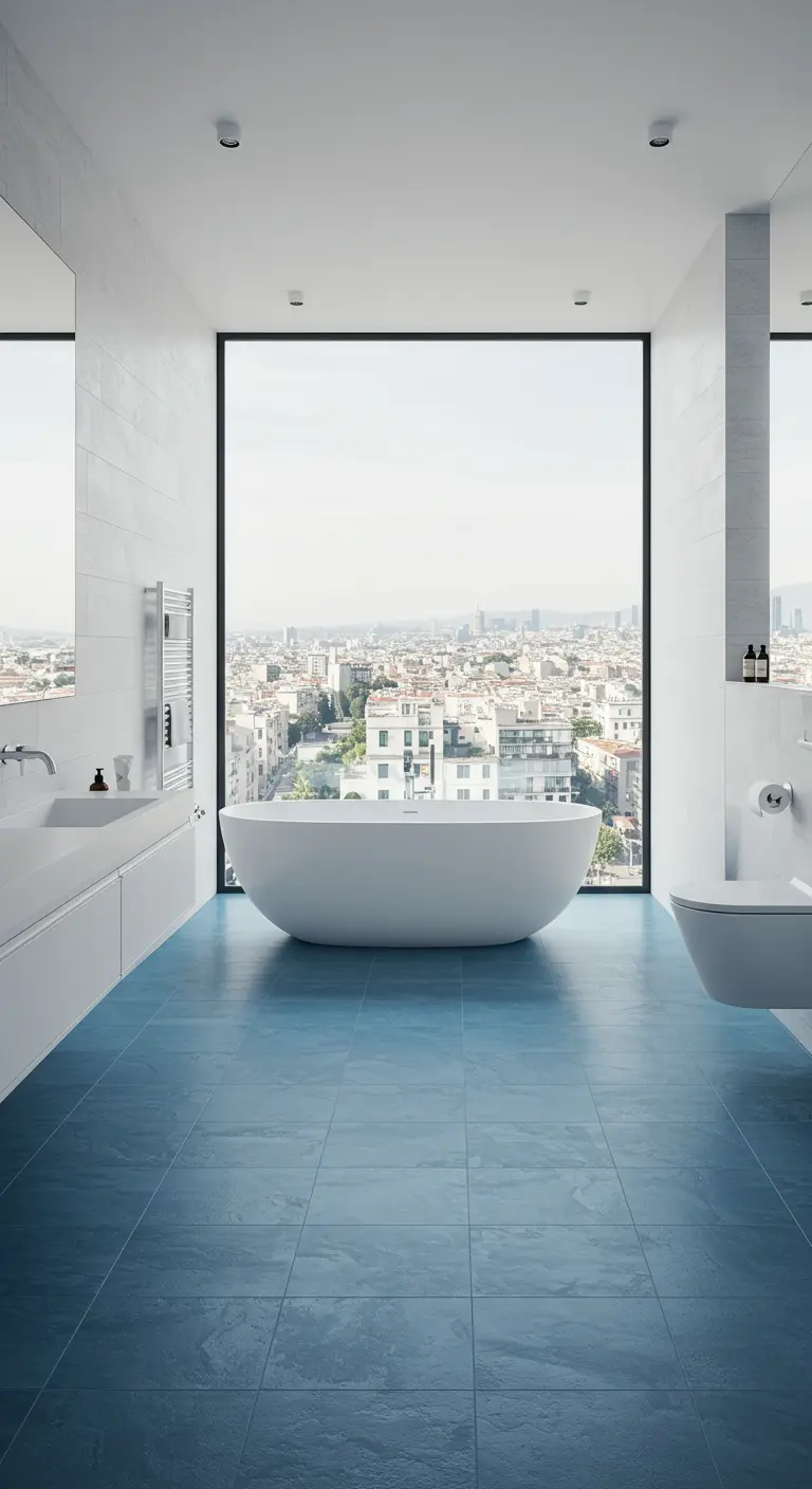 Baño moderno con un enorme ventanal con vistas a la ciudad y suelo de baldosas azules