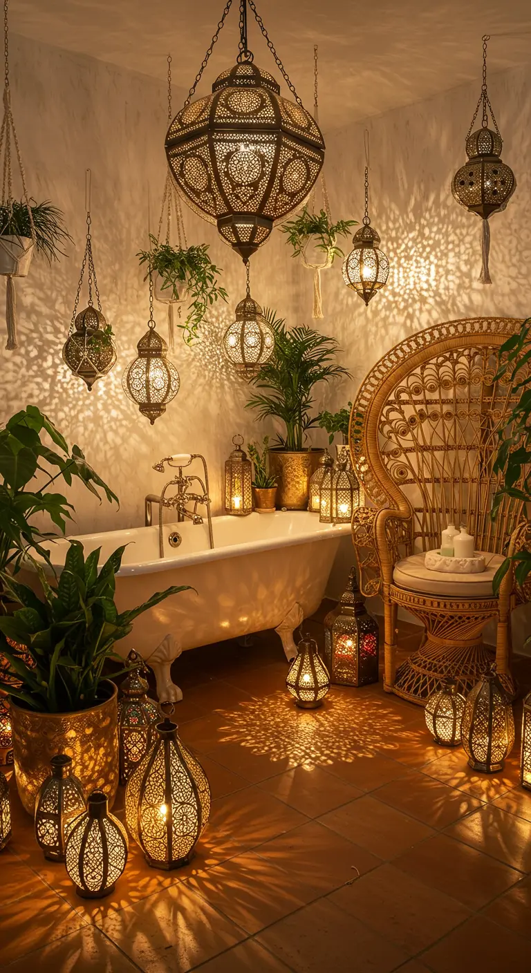 Baño bohemio lleno de farolillos marroquíes de metal que proyectan sombras, plantas y una silla de mimbre.