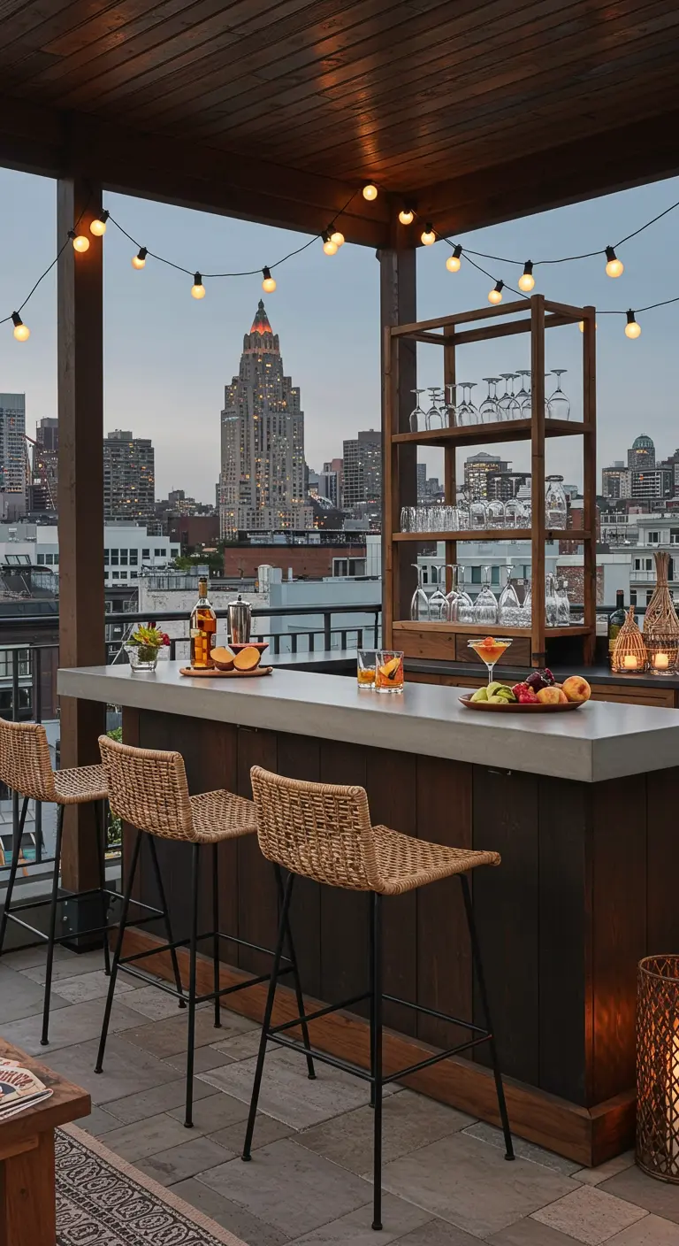 Bar en azotea con taburetes de mimbre, barra de madera y luces colgantes.