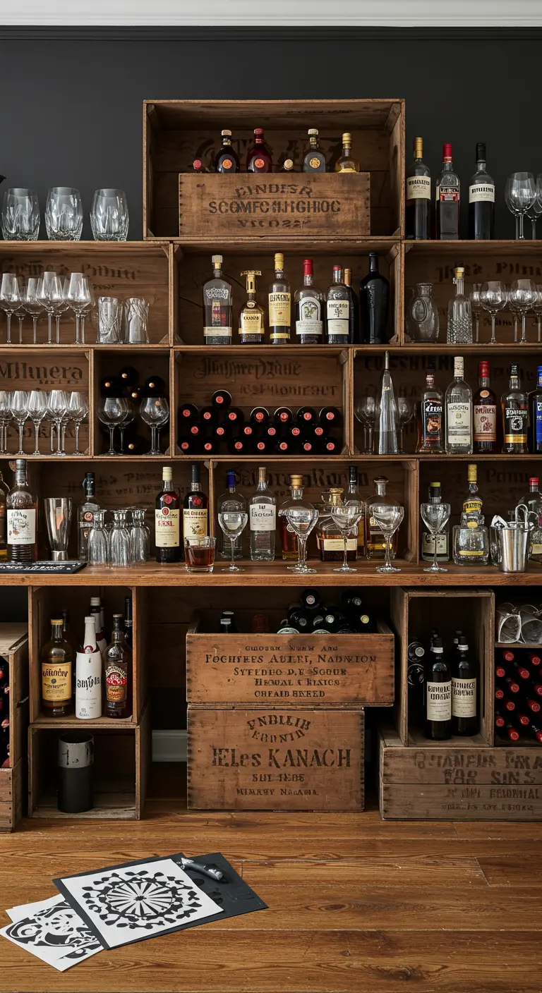 Pared de bar completamente cubierta con estanterías hechas de cajas de vino y licores.