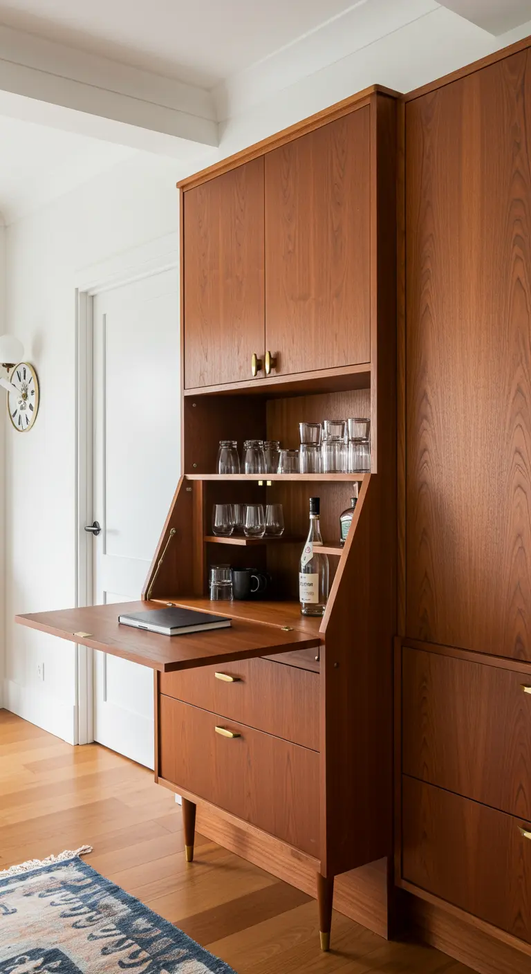 Mueble bar de madera de estilo mid-century con puerta abatible que sirve como superficie.