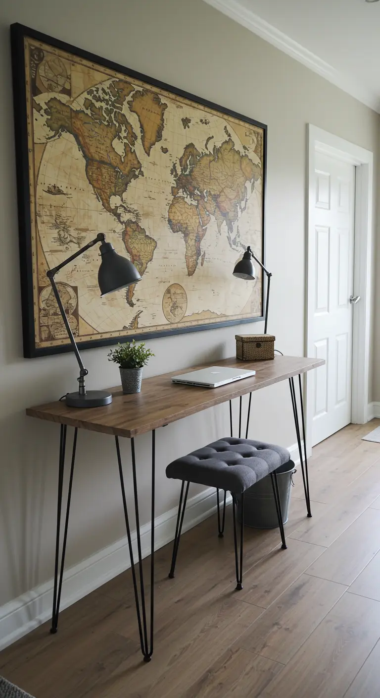 Escritorio con patas de horquilla y un gran mapa del mundo en la pared.