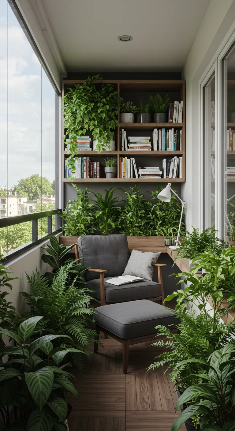 Balcón convertido en rincón de lectura con estanterías, un sillón gris y muchas plantas de interior.