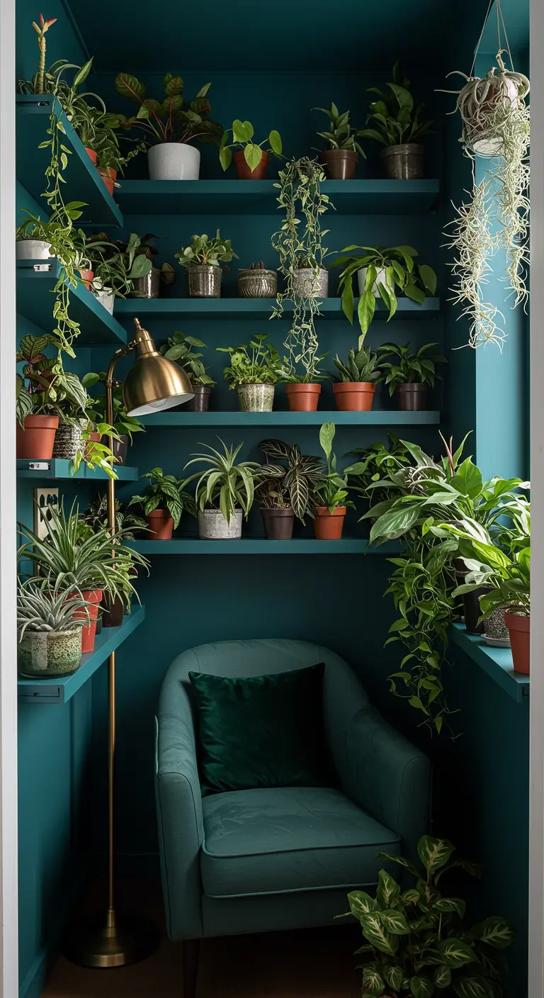 Rincón de lectura en un balcón cerrado y pintado de verde oscuro, con estanterías repletas de plantas.
