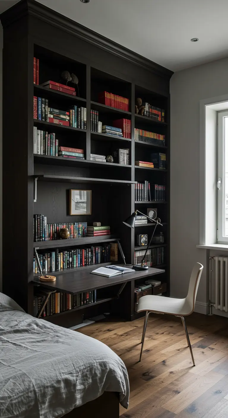 Gran librería de pared de madera oscura con un escritorio abatible integrado en el centro.