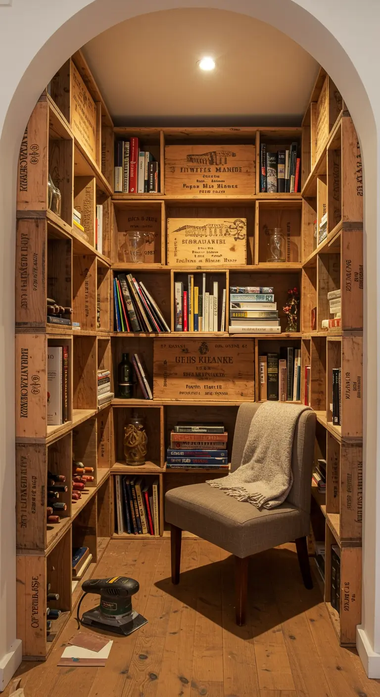 Pequeña habitación con paredes cubiertas de estanterías hechas de cajas de madera, creando una biblioteca.