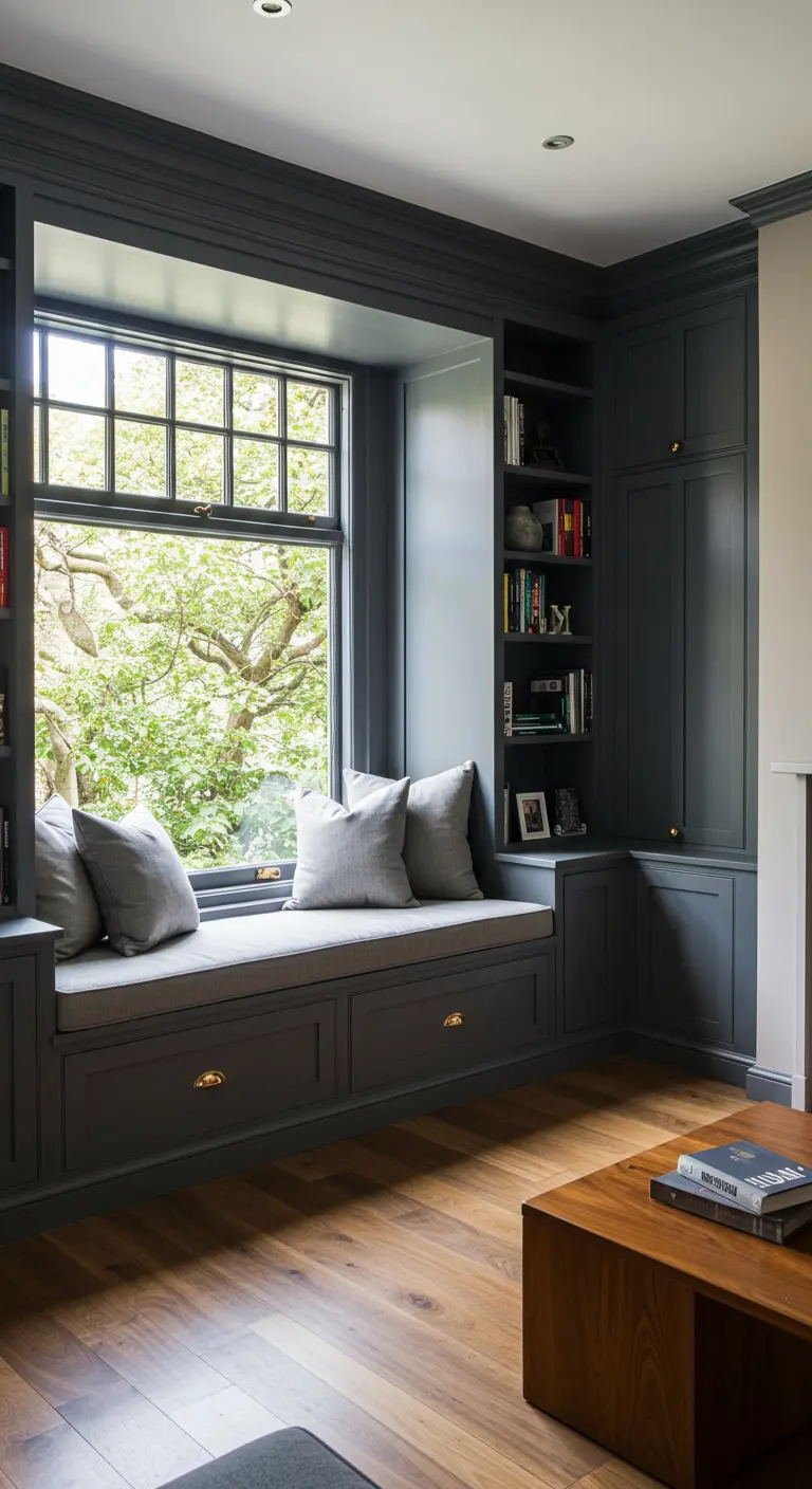 Acogedor rincón de lectura con un banco de ventana gris oscuro rodeado de estanterías.