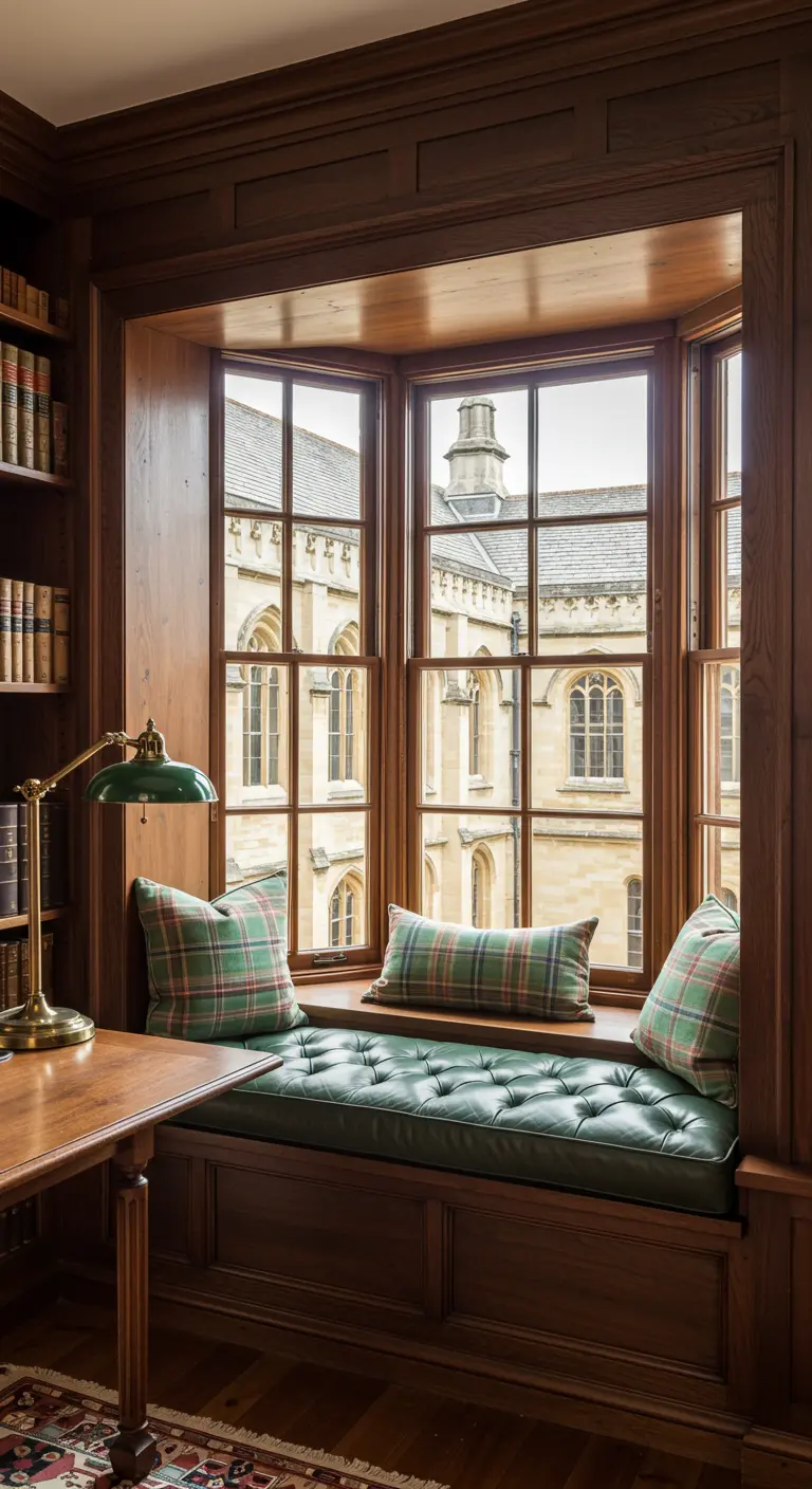 Rincón de trabajo estilo biblioteca con paneles de madera oscura y cojines de cuero y tartán.