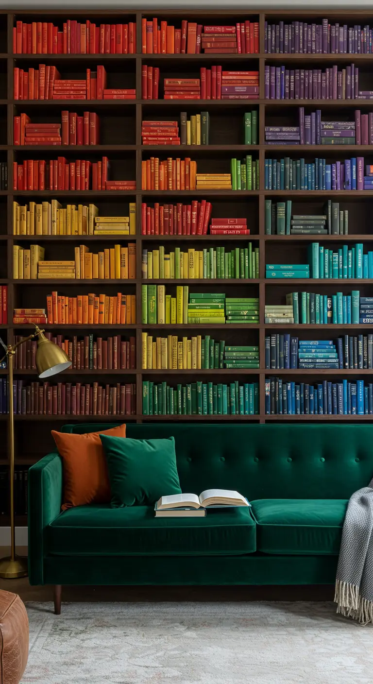 Una pared completa de estanterías con libros organizados por los colores del arcoíris.