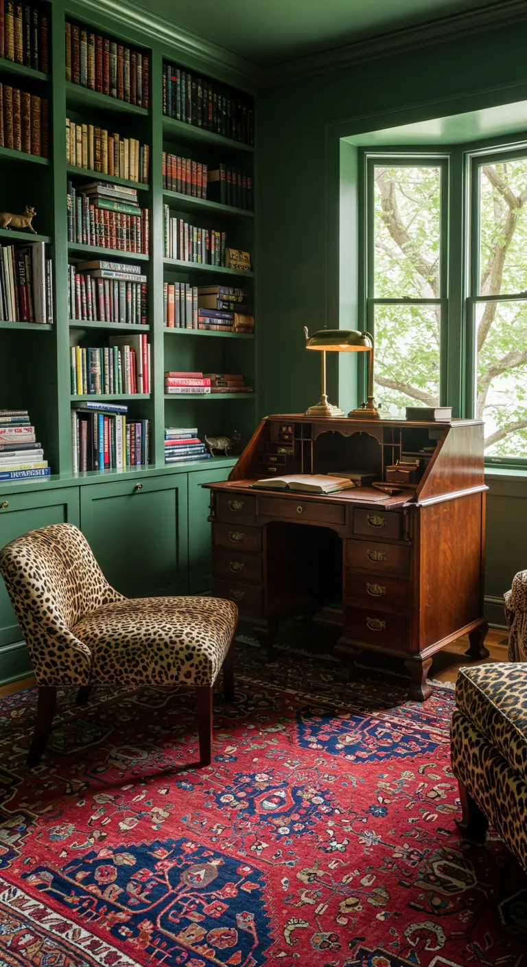 Biblioteca en casa con paredes y estanterías verdes, un escritorio de madera y una silla con estampado de leopardo.