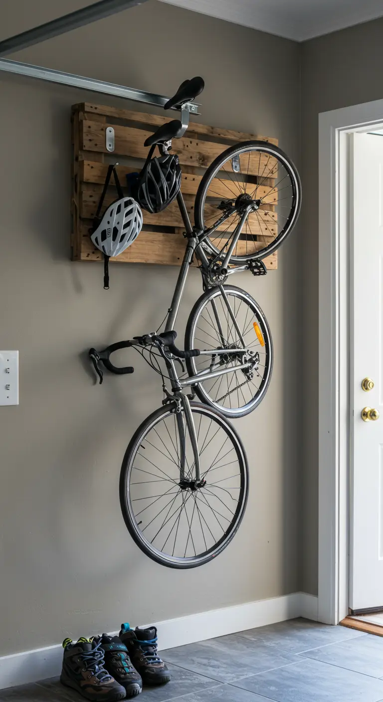 Soporte de pared para bicicleta hecho con un pallet, con la bicicleta y el casco colgados.
