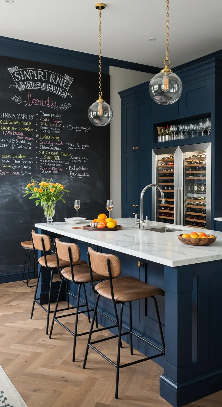 Cocina moderna azul marino con una pared de pizarra que funciona como una carta de vinos escrita a mano.