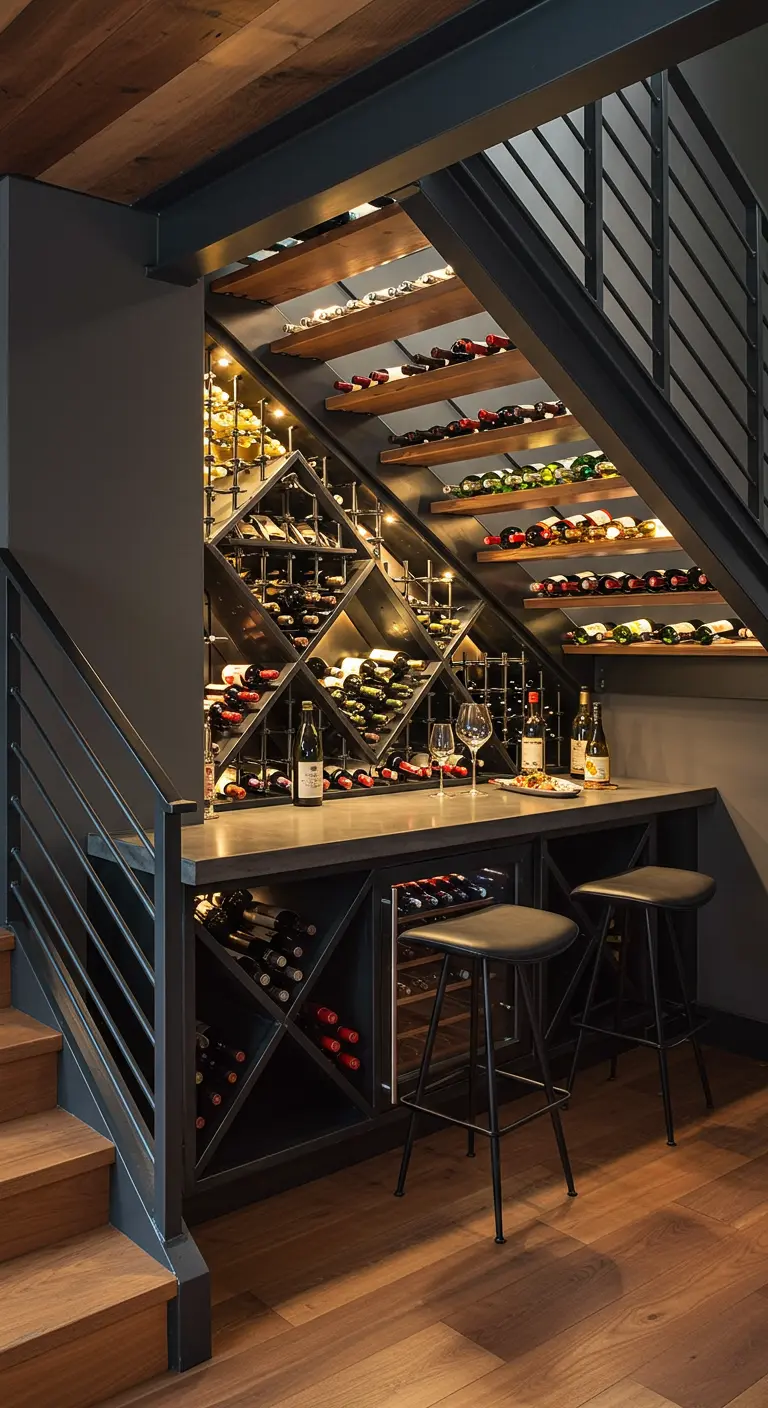 Bodega de vino moderna bajo una escalera de metal con barra y taburetes
