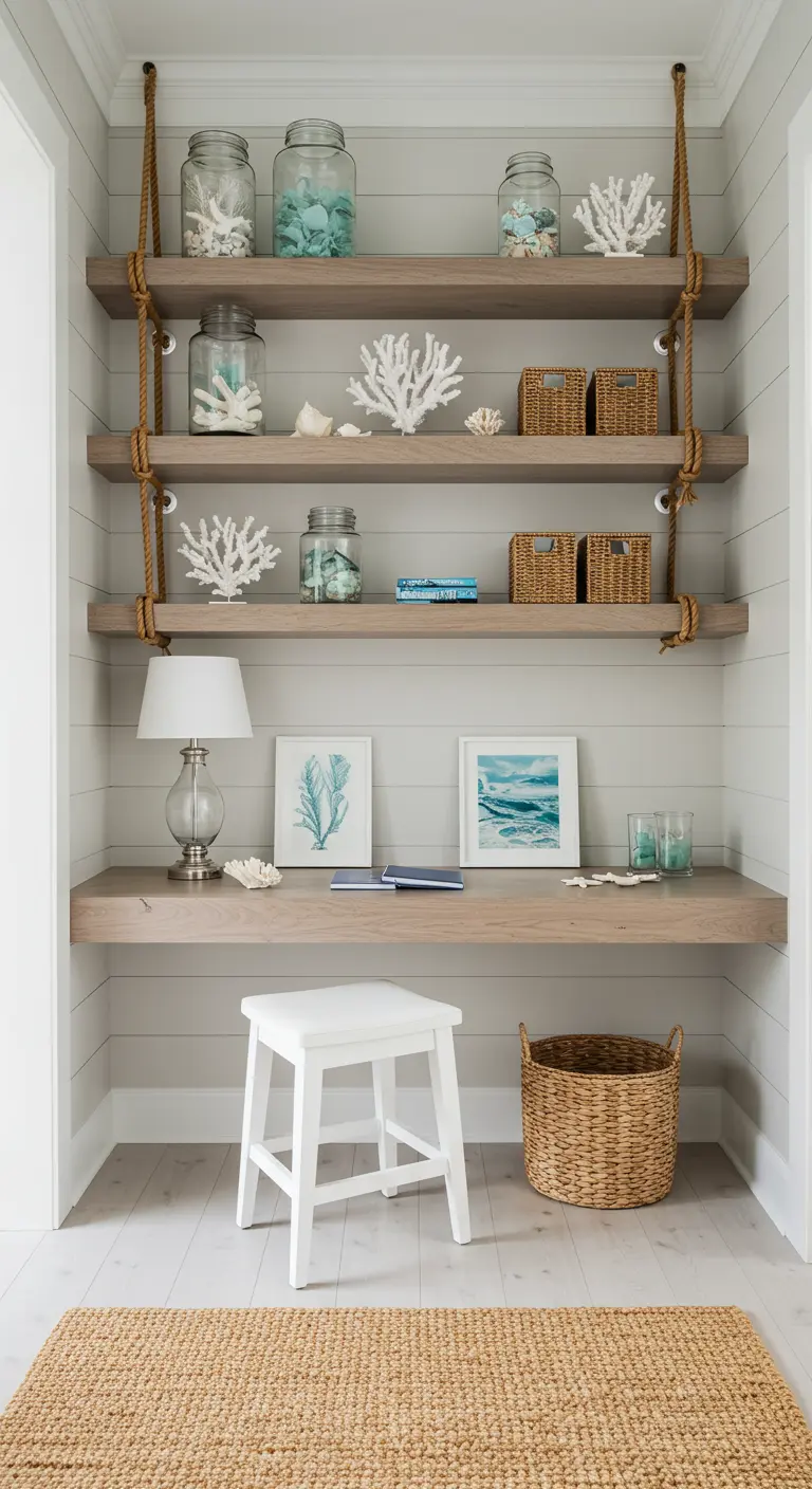 Rincón de trabajo de estilo costero con estantes colgados de cuerdas y decoración marina.