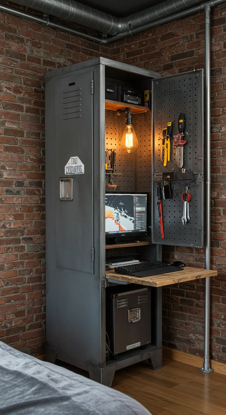 Taquilla metálica de estilo industrial convertida en una estación de trabajo con luz cálida.