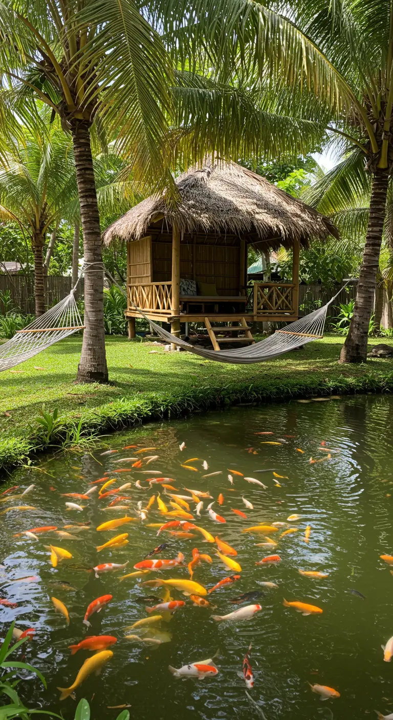 Cabaña de bambú con hamacas junto a un estanque lleno de peces koi dorados y naranjas.