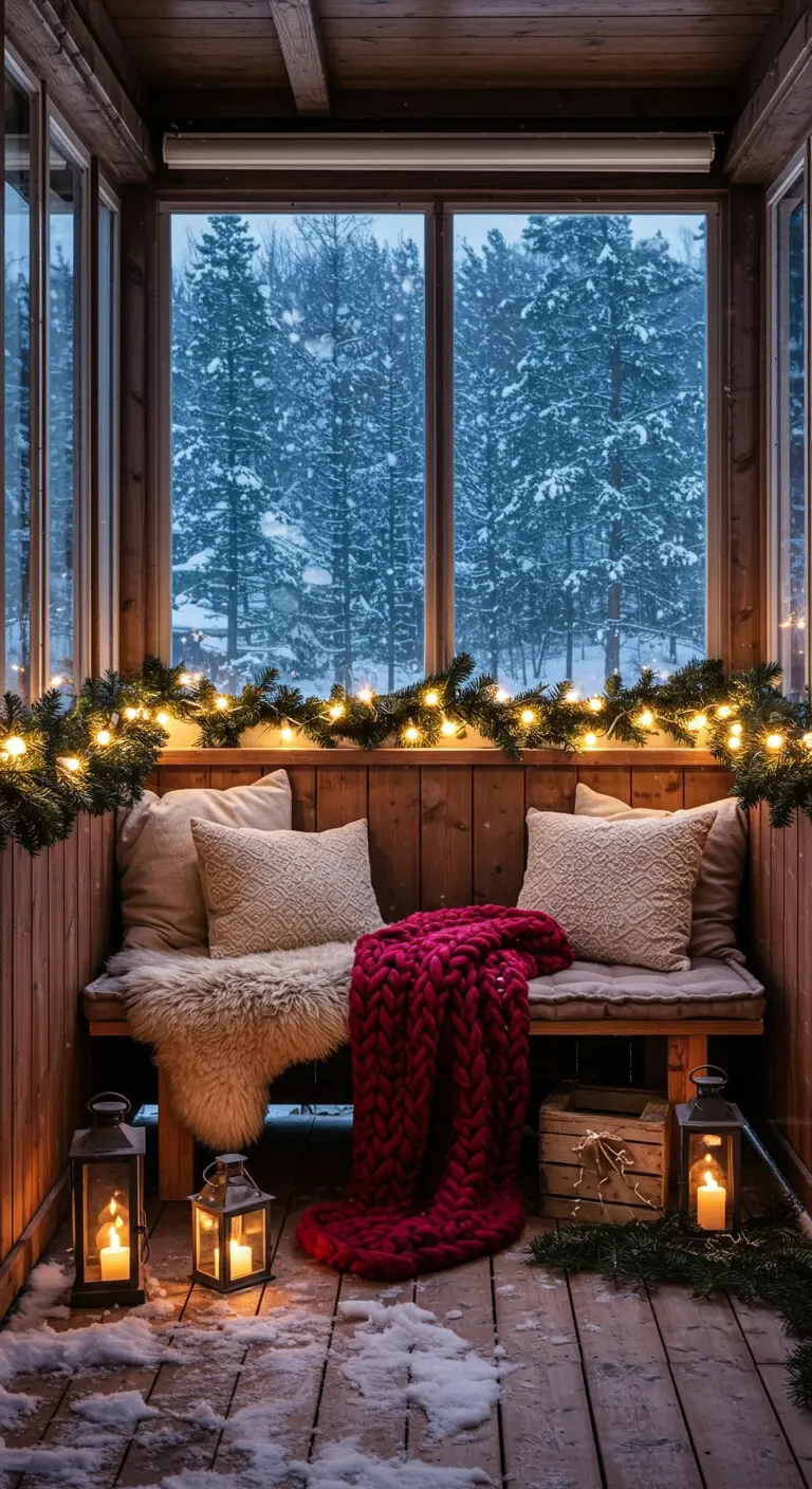 Porche invernal de madera con manta roja, piel de oveja y farolillos.