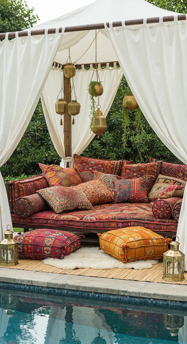 Cama balinesa junto a una piscina, con cortinas blancas, cojines étnicos y faroles colgantes.