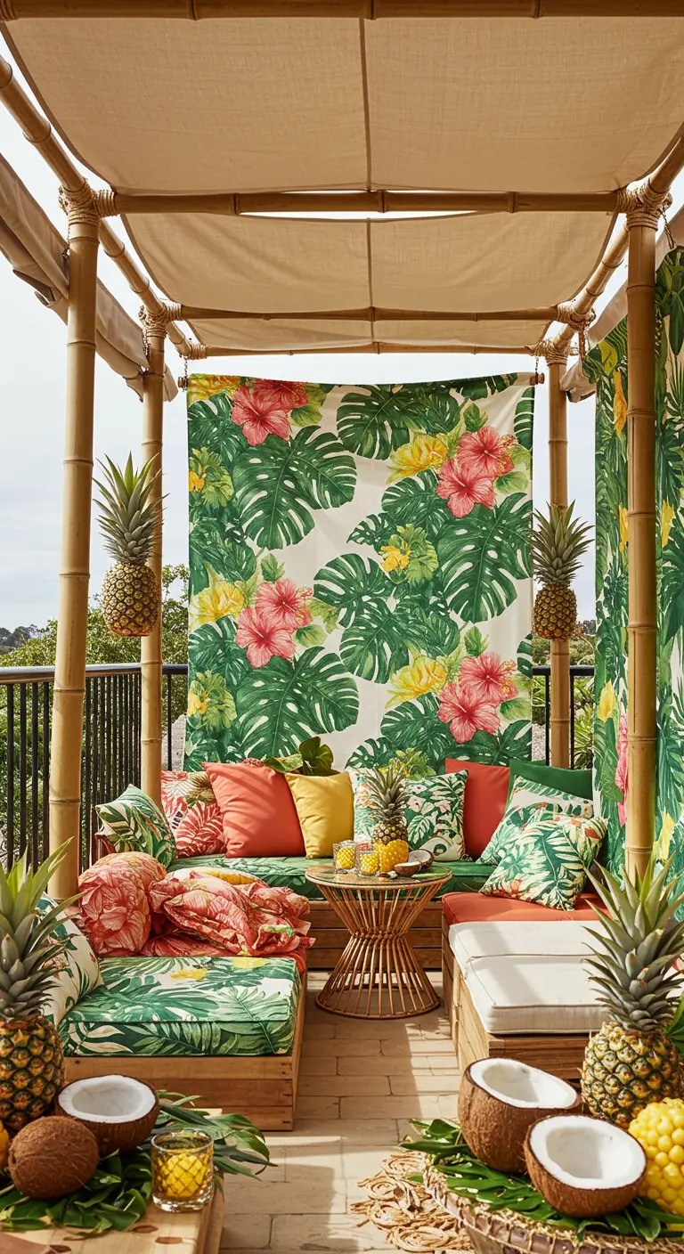 Balcón con estructura de bambú y decoración tropical con telas de hojas y flores.