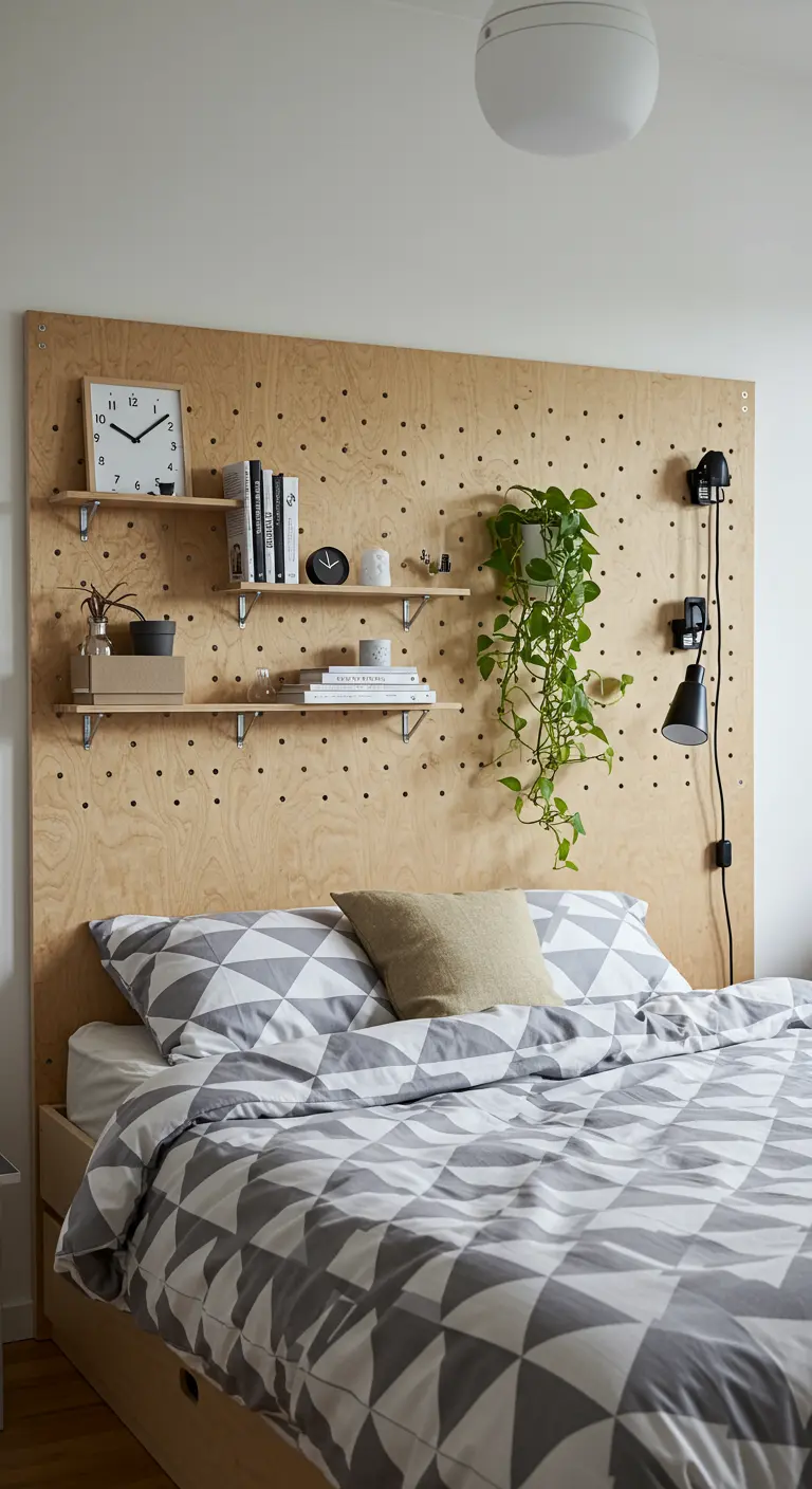 Un gran tablero de madera perforado usado como cabecera, con estantes y plantas colgadas.