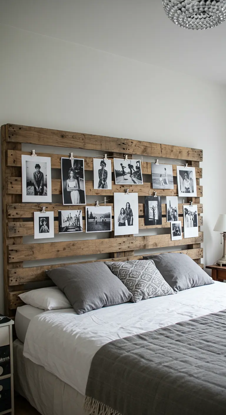 Cabecero de palet con cuerdas y pinzas para colgar fotografías en blanco y negro.