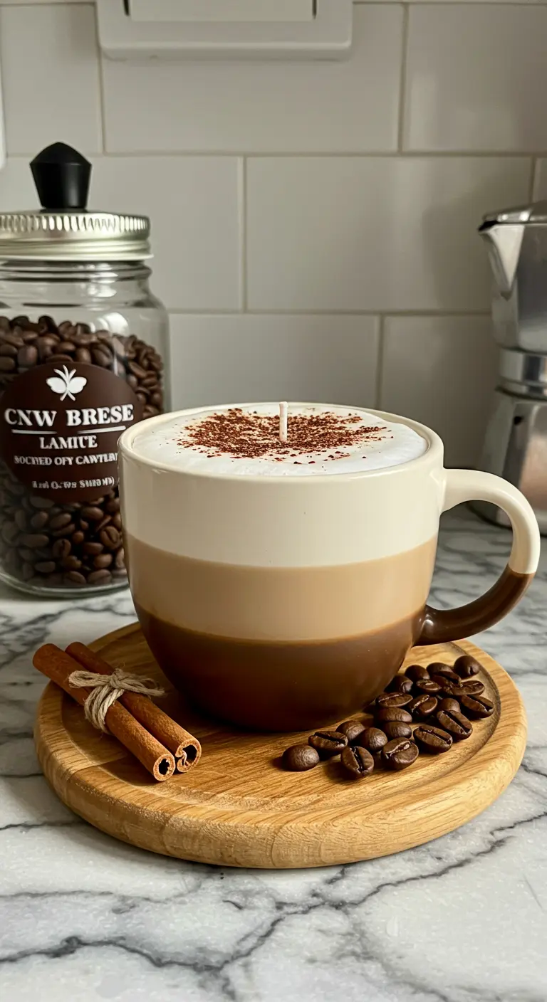 Vela en una taza de café que imita las capas de un capuchino, con canela espolvoreada.