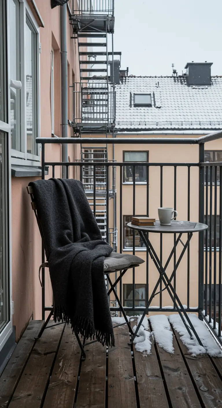Balcón urbano con una silla y mesa negras, y una manta gris sobre la silla.