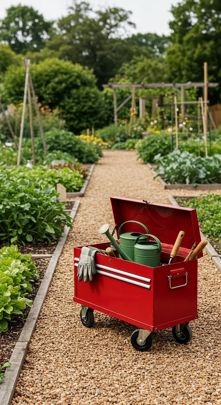 Caja de herramientas roja con ruedas, llena de utensilios de jardinería en un camino de grava.