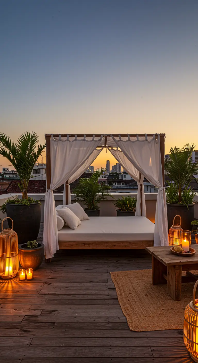 Terraza urbana con cama balinesa, cortinas blancas y faroles al atardecer.