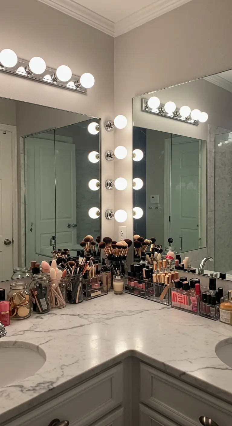 Tocador de maquillaje con luces de camerino y frascos de vidrio organizando brochas y cosméticos.
