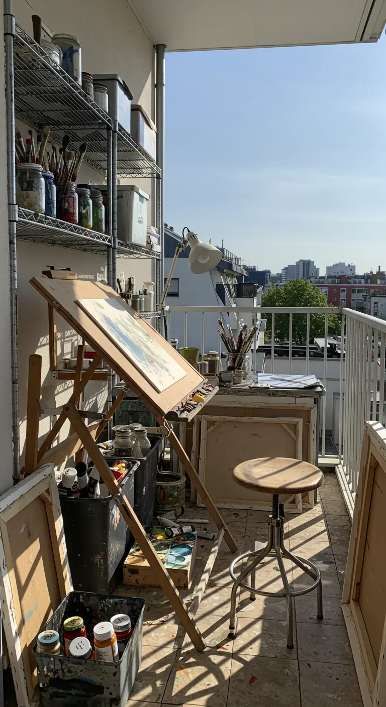 Balcón convertido en estudio de artista, con caballete, estanterías metálicas y materiales de arte