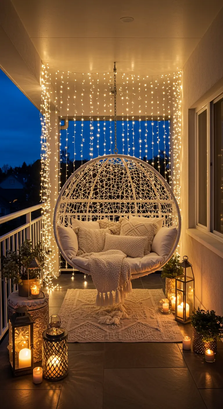 Silla colgante esférica en un balcón, enmarcada por una cortina de luces led cálidas.